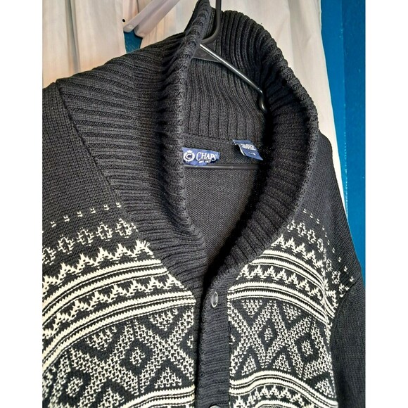 Chaps Grandpa Cardigan Knit Collared Sweater Button Up Long Sleeve Black Large - Picture 2 of 11